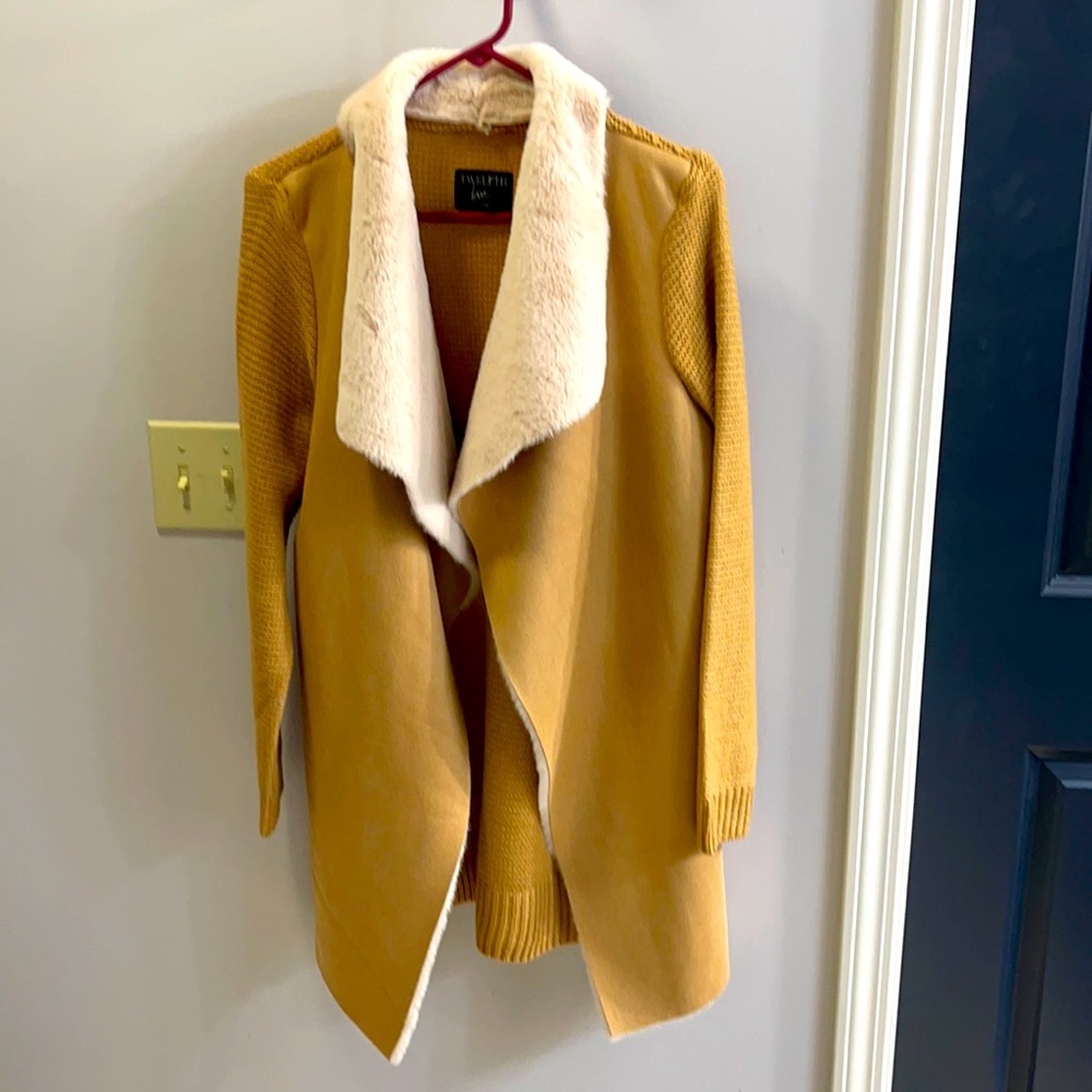 Size large tan sweater cardigan. Suede front with fur collar